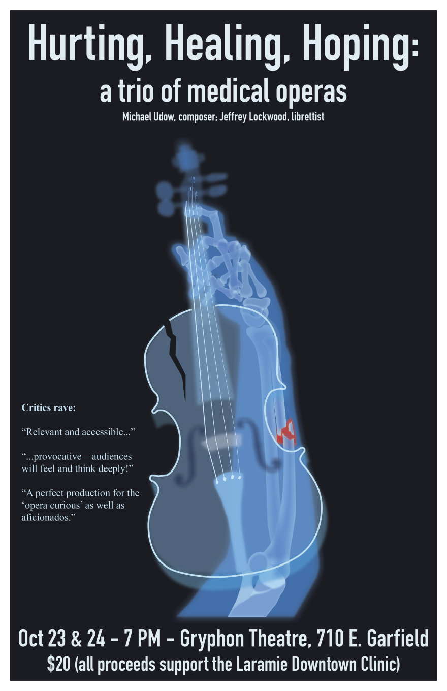 Promotional image for the opera showing an x-ray of a broken arm holding a cracked violin
