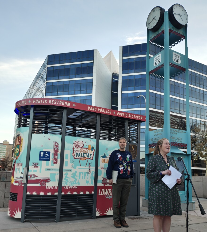 Albuquerque's Department of Muncipal Development Director, Jennifer Turner, right, and Mayor Tim Keller, center/behind, last Monday helped to welcome the city's newest public toilet available 24/7 downtown on the south side of the civic plaza.
