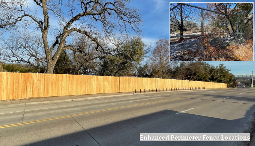 A larger image shows a long, yellowish-brown wood fence facing a road. A smaller image on the top right shows a portion of a wire fence surrounded by leaves and trees.