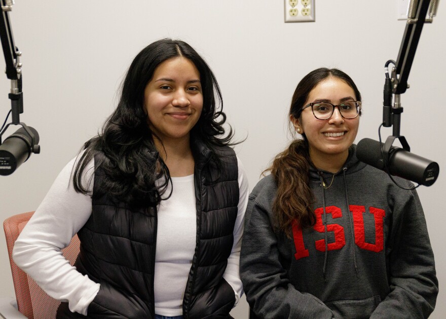 Two of Maura Toro-Morn's students visited WGLT's studio to discuss the Illinois State University professor and Director of the Latin American and Latino/a Studies program. They posed for a photo in the studio afterward.