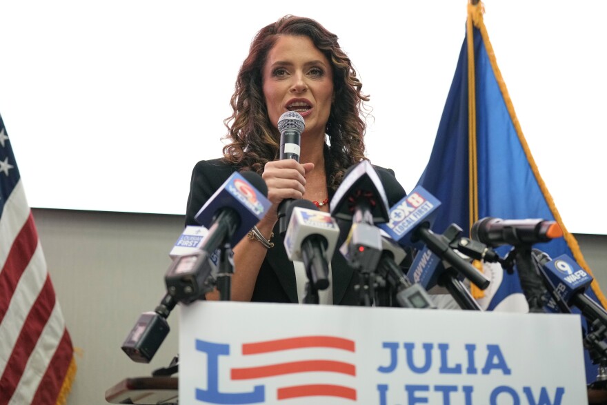 U.S. Senate candidate Rep. Julia Letlow, R-La., speaks to supporters during an election night watch party Saturday, May 16, 2026, in Baton Rouge, La. 
