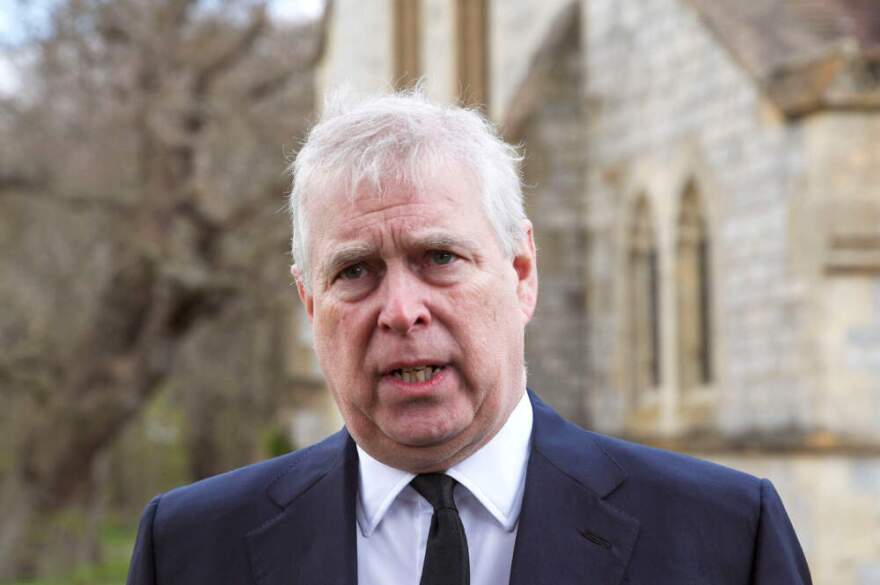 Former Prince Andrew speaks during a television interview at the Royal Chapel of All Saints at Royal Lodge  in Windsor, April 11, 2021. (Steve Parsons/Pool Photo via AP)