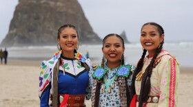 From left to right: Sunni Begay, Erin Tapahe, and Dion Tapahe are traveling the country as part of the Navajo Jingle Dress Project. (Margaret Bull)