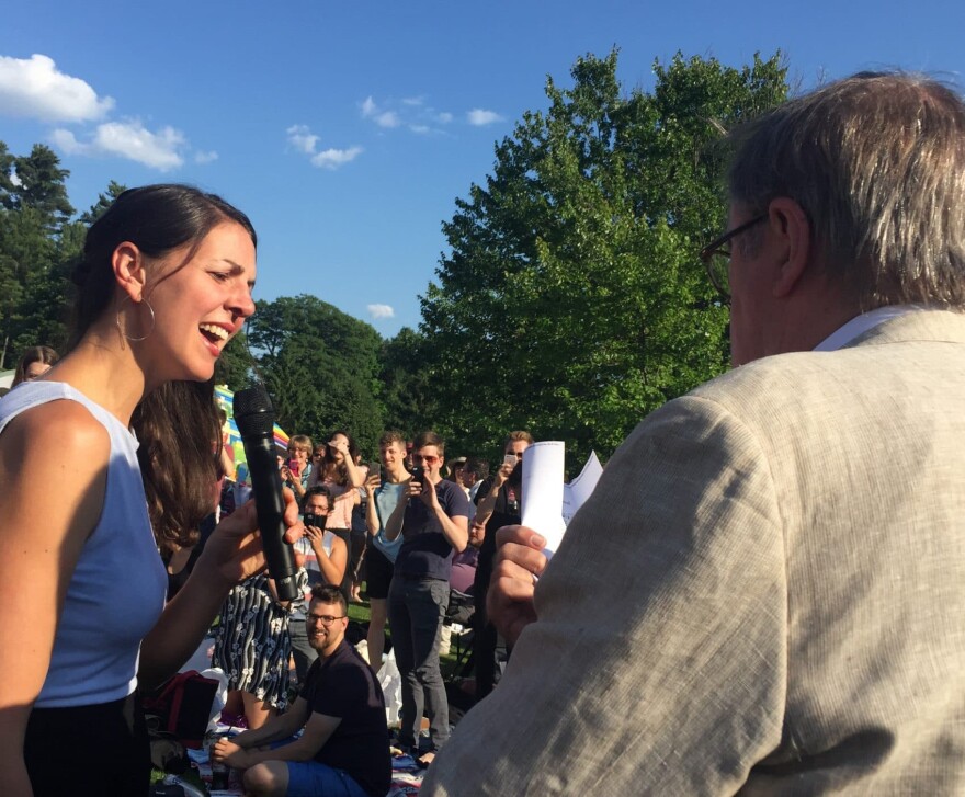 "A Prairie Home Companion" host Garrison Keillor (right) sings with Heather Masse prior to a live performance of the show at Tanglewood in Lenox, Massachusetts on June 25, 2016. (Robin Young/Here & Now)