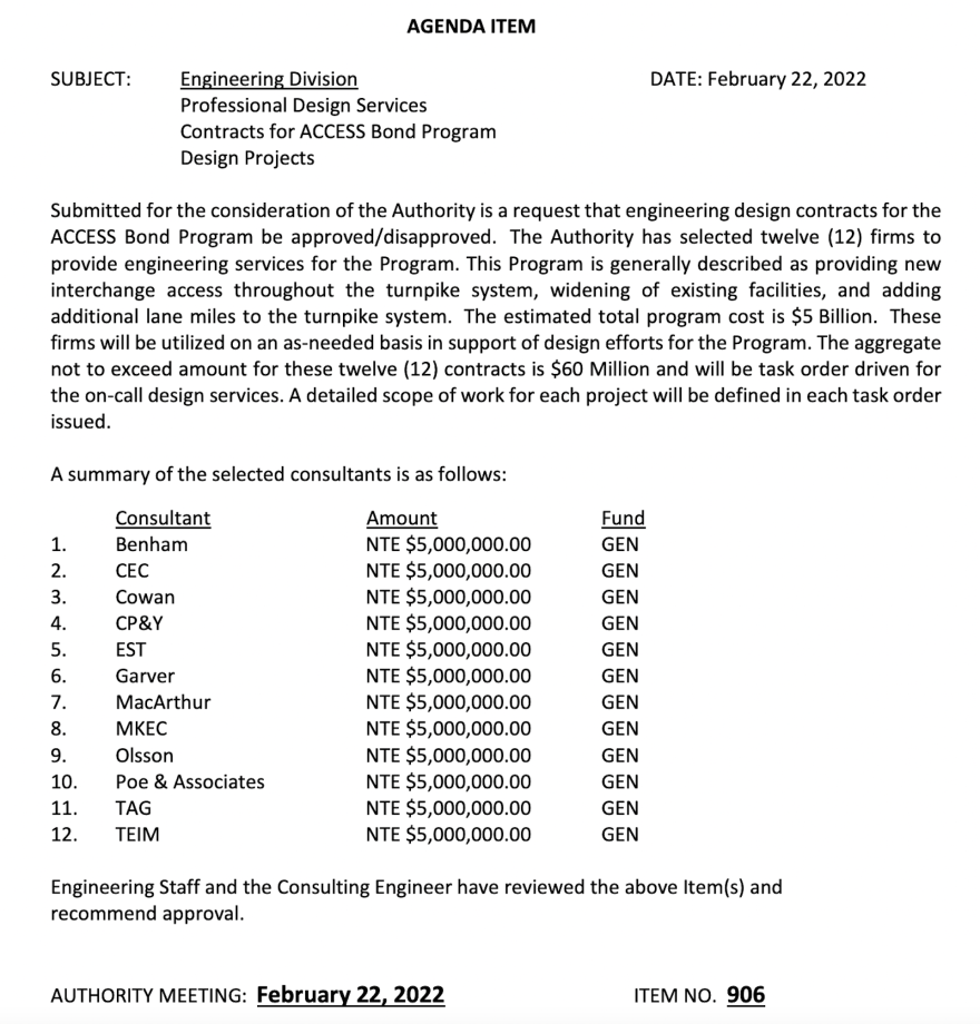 Oklahoma Turnpike Authority February meeting agenda excerpt.