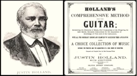 Black & white portrait of Justin Holland, paired with cover of his guitar methods book