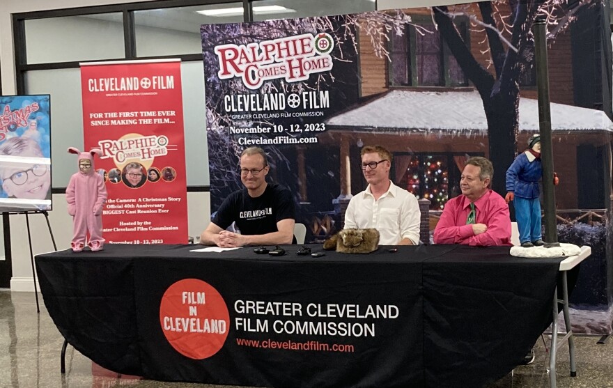 The Greater Cleveland Film Commission's Bill Garvey (left) welcomed two of the movie's cast members, Zack Ward and Scott Schwartz, to announce November's "Behind the Camera: A Christmas Story Official 40th Anniversary."