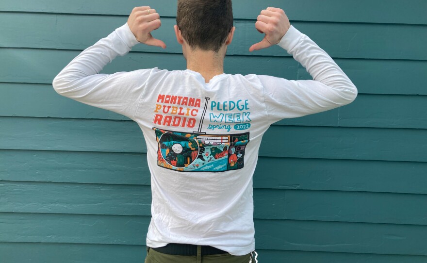 Grab this year's colorful station t-shirt and show your love for YOUR local public radio station!  Long sleeve, for your pledge of $95, and short sleeve, your pledge of $75.  MTPR will mail it to you wherever you are!