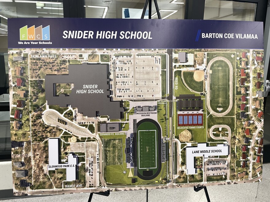 A schematic for the planned Snider stadium will relocate the tennis courts and build the stadium along Reed Road.