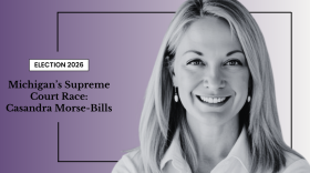 A woman smiling in a professional portrait with text about Casandra Morse-Bills running in Michigan’s 2026 Supreme Court election.