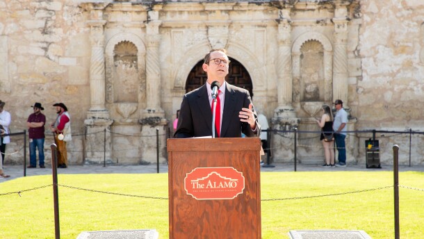 Texas Education Commissioner Mike Morath speaks at Alamo event to kickoff fundraising campaign on Sept. 2, 2025