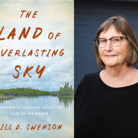 Author Jill Swenson and cover of her book "The Land of Everlasting Sky: