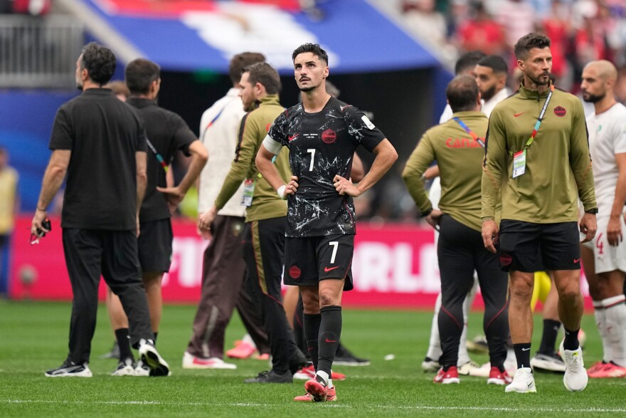 Canada's Stephen Eustaquio (7) reacts after the World Cup round of 16 soccer match between Canada and Morocco in Houston, Saturday, July 4, 2026.