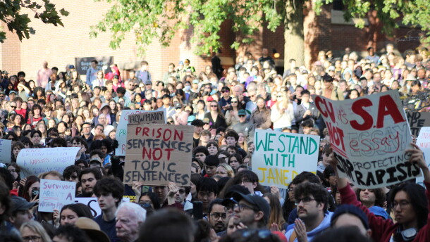 A large crowd gathered on Cornell’s campus Monday afternoon to show support for a Cornell student, known as Jane Doe, who alleges she was raped by fraternity members on campus in 2024.