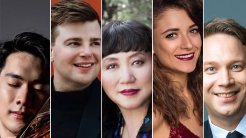 A composition with five portraits of musicians placed side by side.