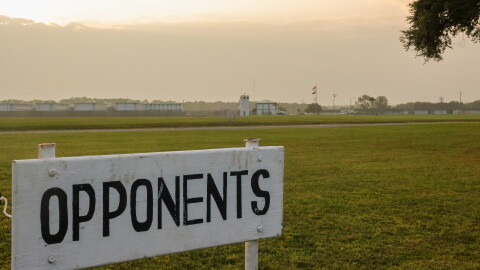 A sign dictates where protestors were allowed as Micheal Zack III is executed by lethal injection at Florida State Prison in Starke Oct. 3, 2023. (Gabriel Velasquez Neira/WUFT News)