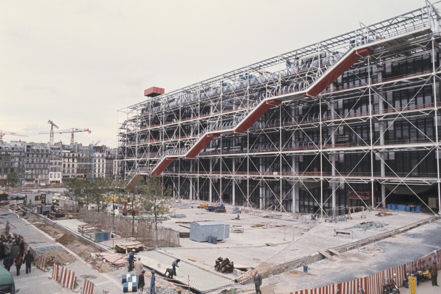 The design of the Pompidou Center, shown here under construction before it was inaugurated in January 1977, was compared by some to an oil refinery.