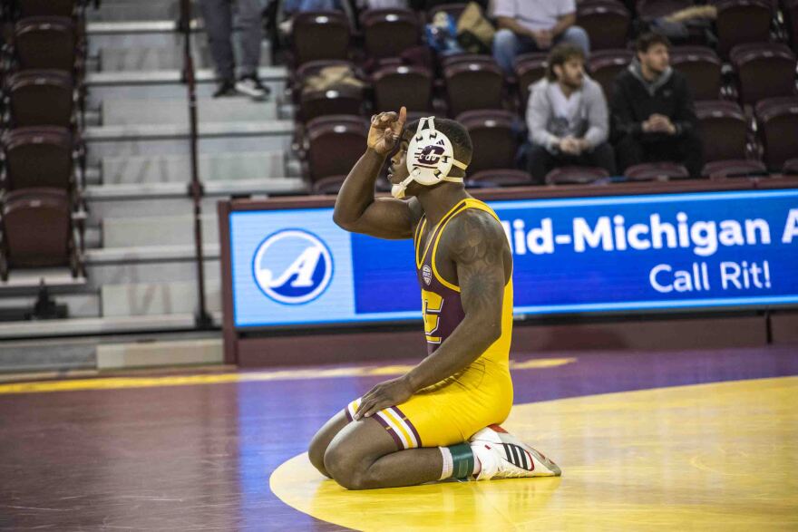 Central Michigan’s Johnny Lovett, does his pregame routine before his match at McGuirk Arena, 360 E. Broomfield St, Mount Pleasant, Michigan, Sunday, February 16, 2025. Johnny went on to win his matchup 7 to 3. (Photo by Ethan Traviss)