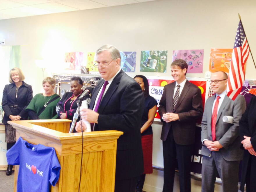 Indianapolis Mayor Greg Ballard speaks at the Warren Early Childhood Center on Thursday, Dec. 11 before signing an ordinance to create a city preschool program.