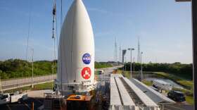 The payload fairing, or nose cone, containing the Mars 2020 Perseverance rover sits atop the motorized payload transporter that will carry it to Space Launch Complex 41 on Cape Canaveral Air Force Station in Florida. The image was taken on July 7, 2020. Photo: NASA/KSC