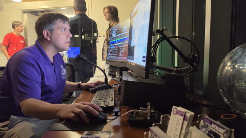Nathaniel Frissell, associate professor of physics and engineering, connects with another ham radio operator during club night at the University of Scranton on Thursday. He will serve as the principal investigator of the project, titled “Discovering the SPARC: Space Physics Through Amateur Radio Connections.”