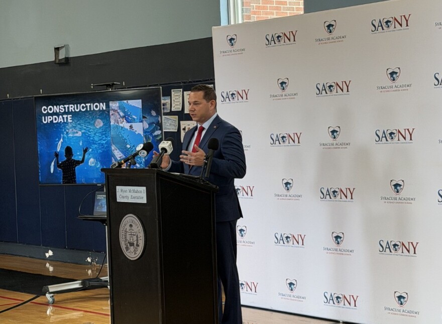 Onondaga County Executive Ryan McMahon announces the name of the county's aquarium.