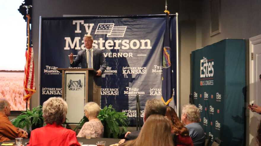 U.S. Sen. Roger Marshall addresses a crowd at a watch party Aug. 4, 2026, in Wichita after securing the Republican primary nomination.