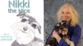 The left side is a picture of a smiling dog and the right side is a blonde woman wearing a blue and purple shirt holding a dog
