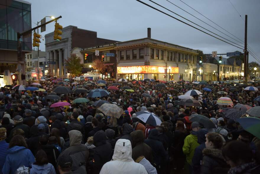 Members of the Squirrel Hill community come together for a student-organized candle vigil in rememberance of those who died earlier in the day during a shooting at the Tree of Life Synagogue in the Squirrel Hill neighborhood.