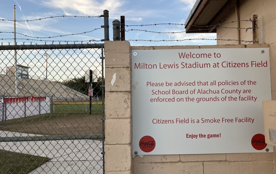 Citizens Field isn’t owned by the School Board of Alachua County, but a sign warns its policies are enforced there on Dec. 3, 2025.
