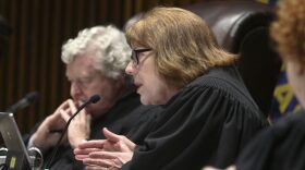 Kansas Supreme Court Justice Evelyn Wilson asks a question during oral arguments regarding constitutionality of redistricting maps created by the 2022 Kansas Legislature.