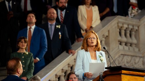 St. Louis Comptroller Donna Baringer speaks after taking the oath of office during a ceremonial inauguration in April 2025 at City Hall.
