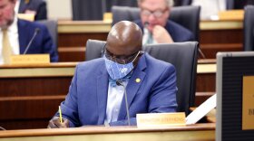 South Carolina Sen. Vernon Stephens, D-Bowman, takes notes during a Senate Judiciary Committee redistricting hearing on Wednesday, Jan. 19, 2022, in Columbia, S.C. Stephens questioned changes made in South Carolina's congressional districts during the hearing. (AP Photo/Jeffrey Collins)