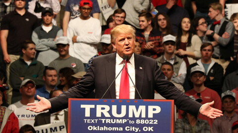 Donald Trump speaks at a rally in February 2016