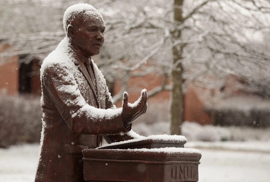 In honor of Martin Luther King, Jr.'s visit, a statue of the civil rights leader sits on Ohio Northern University's campus.