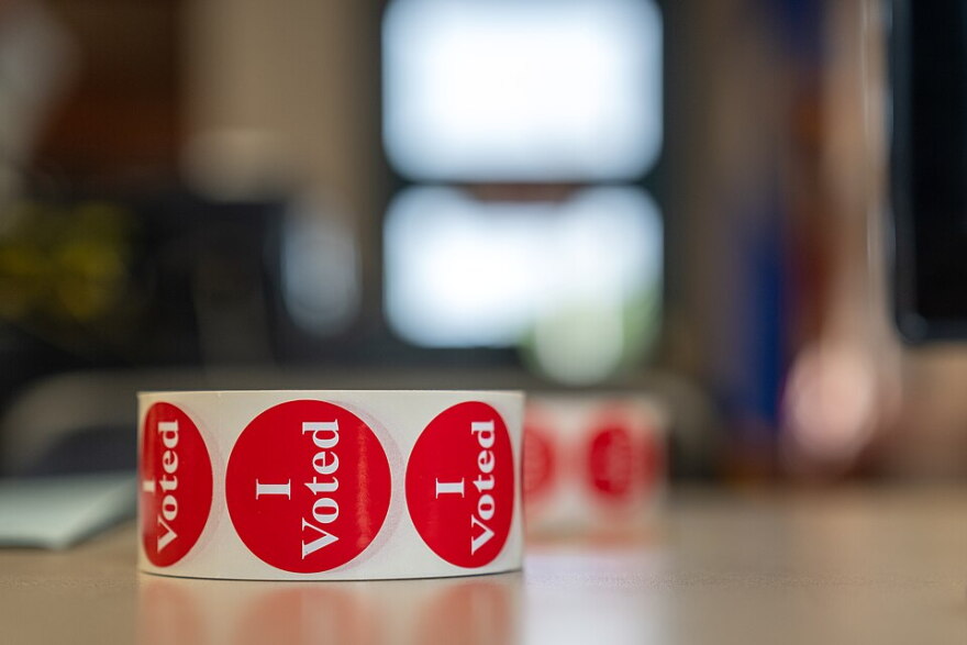 A roll of "I Voted" stickers in Aitkin Public Library, Minnesota.