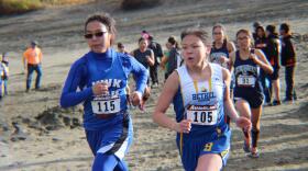 Twenty-one high school girls from schools across the Yukon-Kuskokwim Delta compete in Bethel's brutal cross-country Pit Race on September 16, 2017.