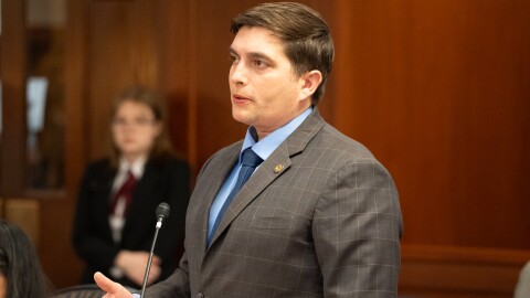 Soldotna Republican Rep. Justin Ruffridge speaks critically of a school funding and policy bill on the floor of the Alaska House of Representatives on Wednesday, Mar. 12, 2025 in Juneau, Alaska. Ruffridge joined two other Republicans and the House Majority Caucus in passing the bill, which now heads to the Senate.