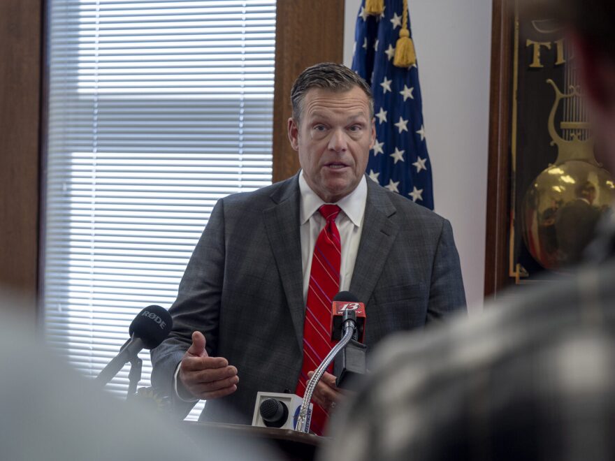 Kansas Attorney General Kris Kobach wrote demand letters to three Kansas cities, giving them 60 days to repeal their bans on conversion therapy for minors. He appears here at a press conference on Oct. 1, 2025.