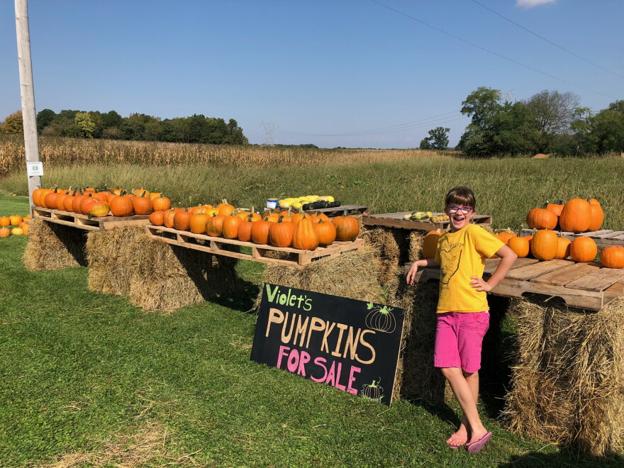 Violet Alexander sells pumpkins she raised on her family's farm.  Her parents, Ryan and Melissa, are part of a new generation of young farmers in Ohio.
