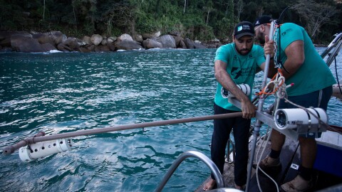 Scientific coordinator Leonardo Mitrano Neves, left, and field and logistics coordinator Daniel Shimada Brotto retrieve a Baited Remote Underwater Video System during monitoring as part of a shark project in Ilha Grande Bay, Angra dos Reis, Rio de Janeiro state, Brazil, July 14, 2026.