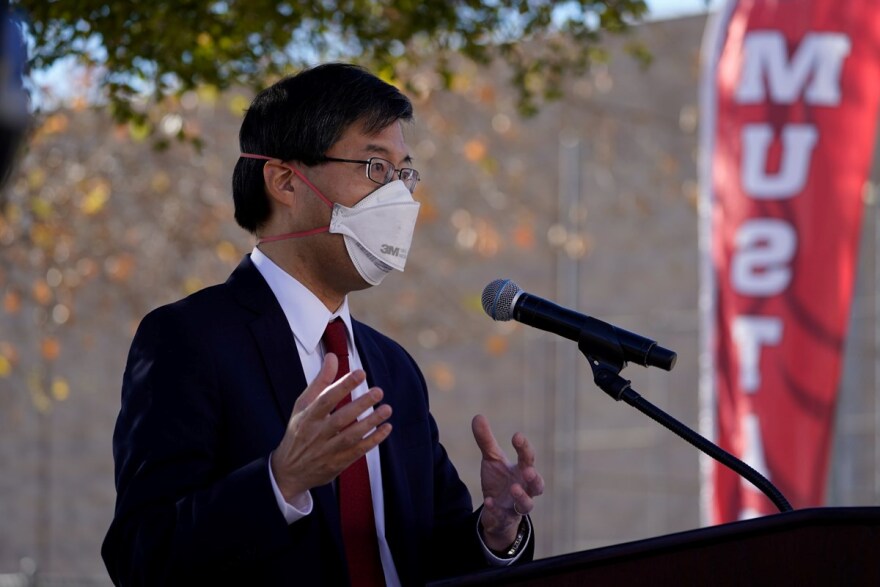 Democratic state Sen. Richard Pan of Sacramento announces new legislation at news conference at the Arleta High School in Los Angeles Monday, Jan. 24, 2022.