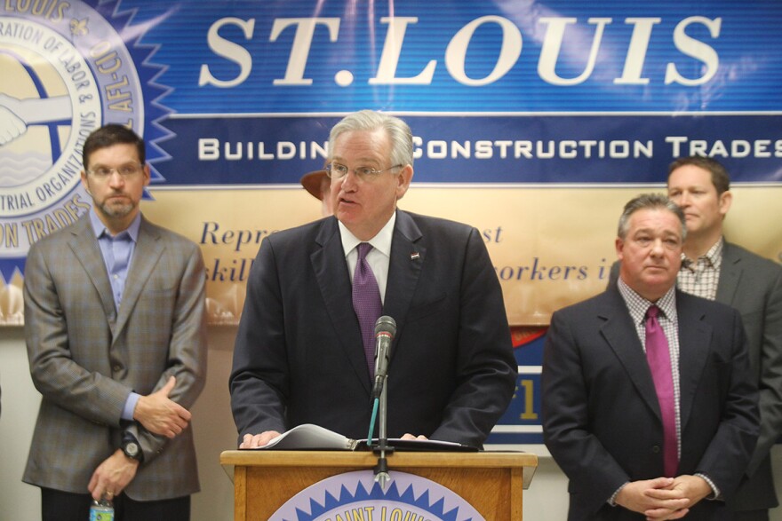 Gov. Jay Nixon speaks on Thursday at St. Louis Building Trades headquarters in south St. Louis. Labor unions agreed to work 24-hour shifts with no overtime to build a riverfront stadium in St. Louis.