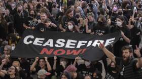 Protesters gather at Grand Central Terminal during a rally calling for a ceasefire between Israel and Hamas. (Jeenah Moon/AP)