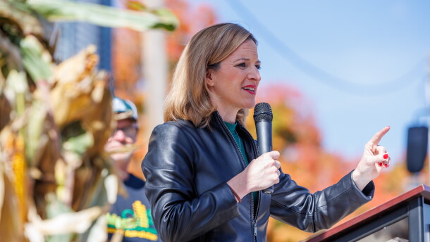 Secretary of State Jocelyn Benson, the Democratic nominee for governor, speaks at a corn farm in Lansing, Mich., on Oct. 8, 2026.