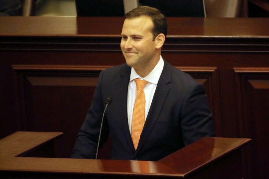 State Rep. Chris Sprowls, 35, addresses the Florida House of Representatives, Tuesday, Sept. 17, 2019, in Tallahassee, Fla., after the Republican was elected to lead the 120-member chamber.