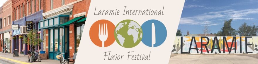 Logo for the Laramie International Flavor Fest sandwiched by a colorful image of storefronts and head-on shot of the LARAMIE mural on Third Street.