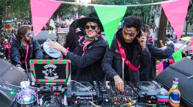 Win Butler (L) of Arcade Fire and DJ Michael Brun participate in the Krewe du Kanaval parade on February 15, 2020 in New Orleans, Louisiana.