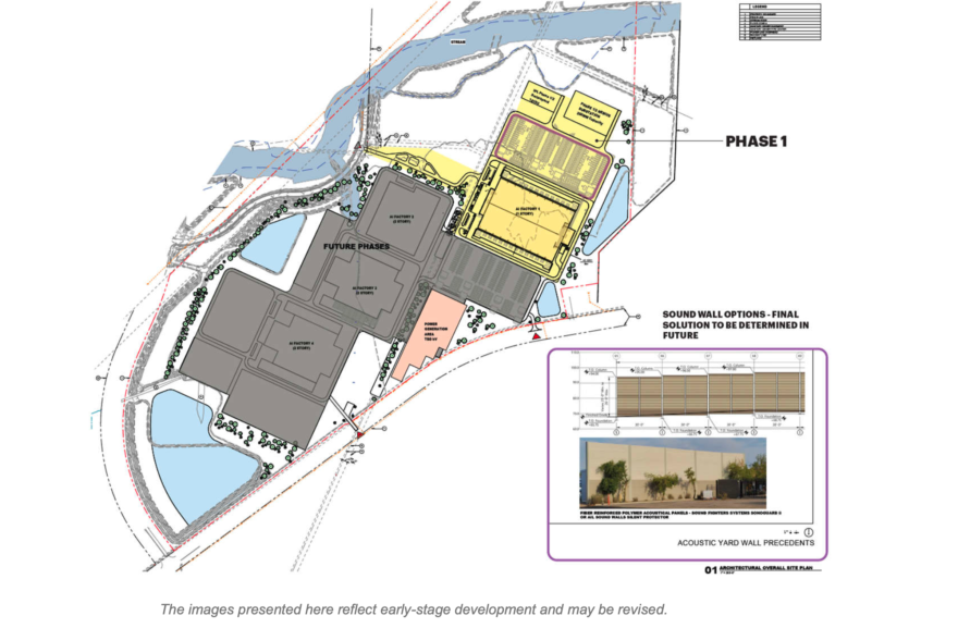 An architectural site plan shows Nebius’ proposed “AI factory” campus in Independence, Missouri.