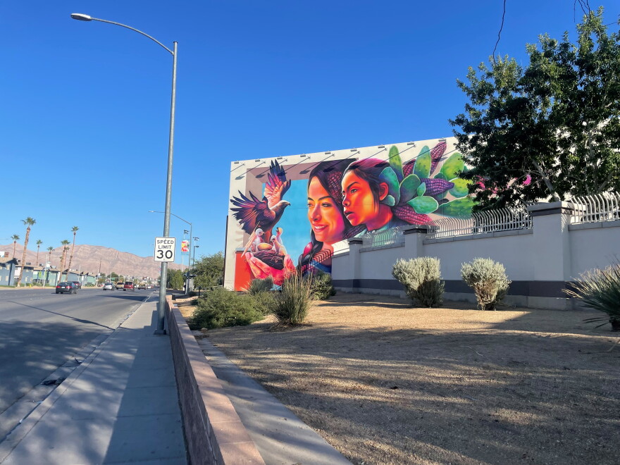 The East Las Vegas Community Center reopened in 2022 after a renovation. It features a mural dedicated to the immigrant experience. (Andie Corban/Marketplace)